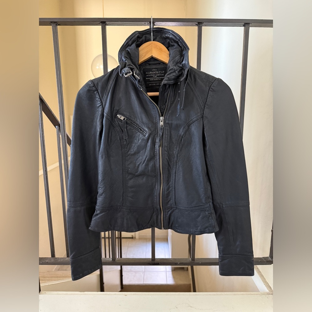 All Saints Belvedere Leather Biker Jacket in Black Size US4